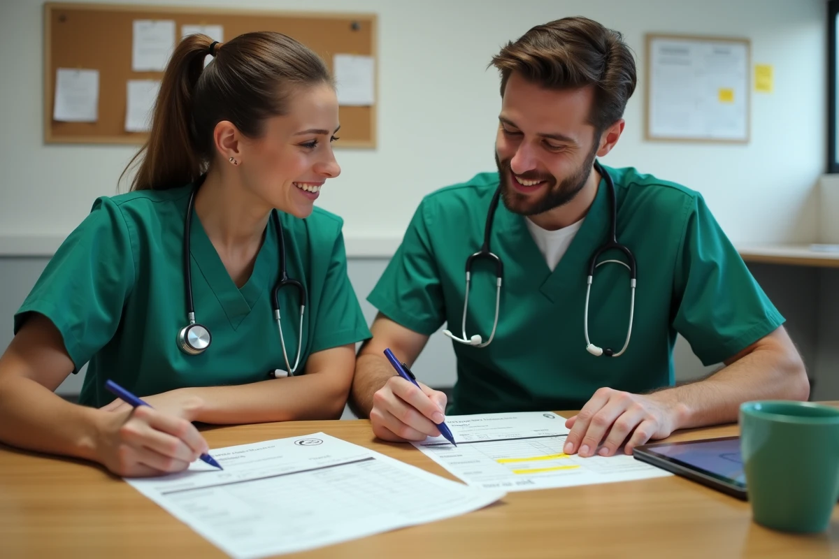 Deux vétérinaires en scrubs analysant une fiche de paie et un planning de gardes autour d'une table de salle de pause
