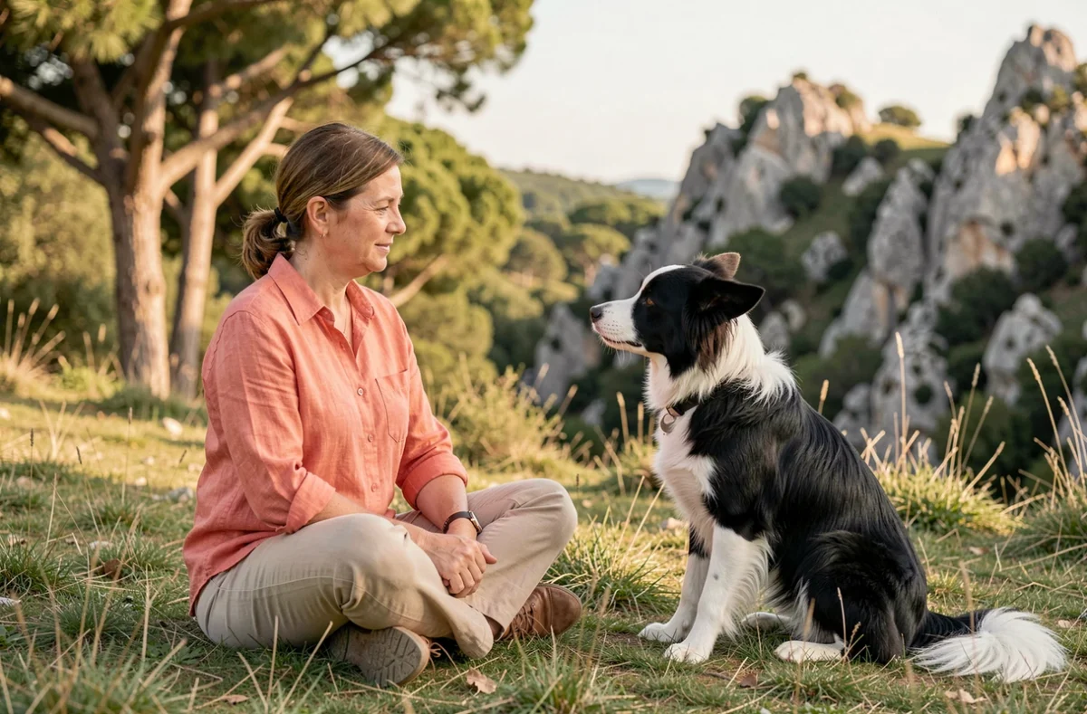 Comportementaliste canine Vica'ni Coach en session avec un Border Collie dans la campagne des Bouches-du-Rhône