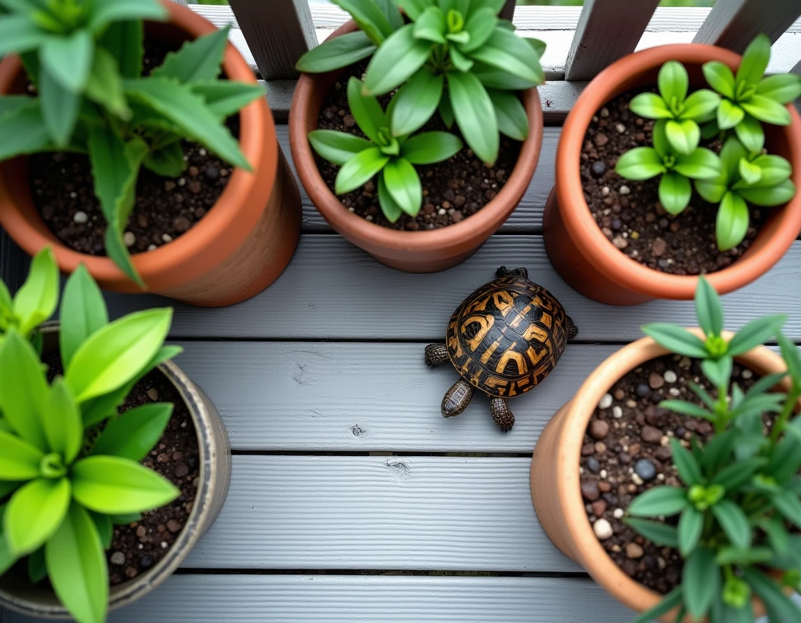 Vue aérienne d'un balcon aménagé en potager sécurisé pour tortue avec plantes en pots variés
