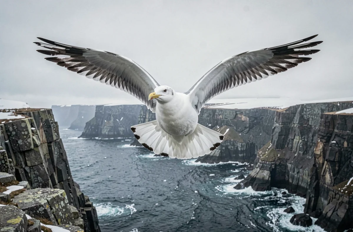Mouette Xème en plein vol au-dessus d'une côte arctique rocheuse, exemple d'animal en X pour le petit Bac